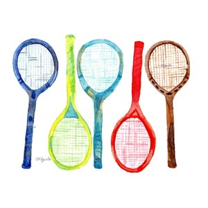 May include: Watercolor painting of five badminton rackets in shades of blue, green, red, and brown. The rackets are arranged vertically against a white background. The rackets have a net-like design in the center.