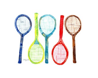 Colorful Tennis Rackets Watercolor Painting Sports Art Print for Kids Room