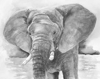 Elephant Watercolor Art Print: Black and White Wildlife Wall Decor