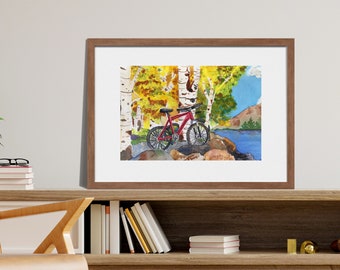 Art Print, Watercolor Painting of Catamount Lake in the Fall with Mountain Bikes Resting Against an Aspen Tree