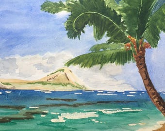 Hawaii Watercolor Print, Beach Decor, Coastal Wall Art, Watercolor Painting of Rabbit Island off of Oahu, Hawaii