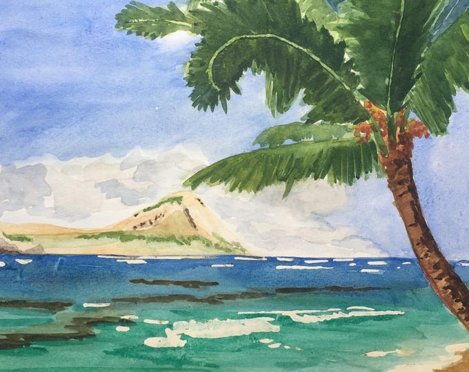 Hawaii Watercolor Print, Beach Decor, Coastal Wall Art, Watercolor Painting of Rabbit Island off of Oahu, Hawaii