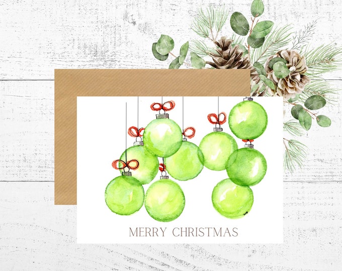 Christmas Card with Green Watercolor Ornaments, Watercolor Art Card, Personalized Blank Note Card