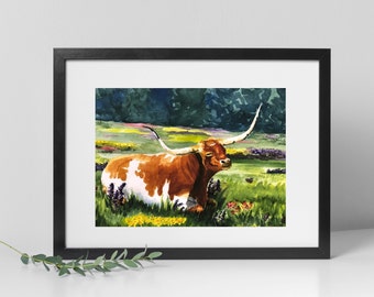 Art Print, Longhorn Cow Watercolor Painting, Watercolor Wall Art Print