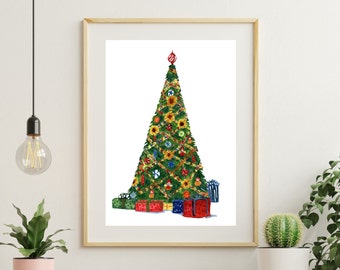 Holiday Art Print, Painting of a Beautiful Christmas Tree, Wall Art Decor