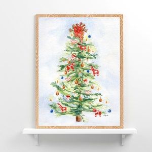 Sweden Christmas Tree Painting, Watercolor Print, Holiday Wall Art, Scandinavian Christmas Tree Painting