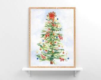 Sweden Christmas Tree Painting, Watercolor Print, Holiday Wall Art, Scandinavian Christmas Tree Painting