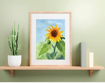 Sunflower Art Print, Flower Wall Decor, Watercolor Painting of a Yellow Sunflower