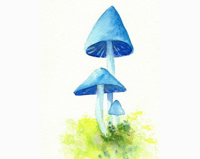 Blue Mushroom Watercolor Print: Mossy Forest Art