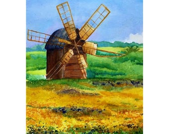 Ukraine Windmill Watercolor Print, Flower Field Art