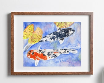 Fish Art Print, Koi Fish Wall Art, Watercolor Painting of Two Colorful Koi Fish in a Pond with Lily Pads