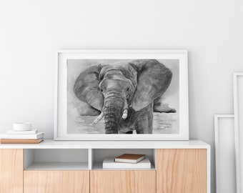 Elephant Art Print, Black and White Print, Wildlife Wall Art Print