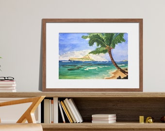 Art Print, Watercolor Landscape Painting of Hawaii, Beach Wall Art, Nautical Home Decor, 16x20 Print