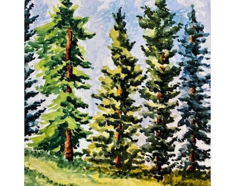 Forest Art Print, Watercolor Painting of a Blue Spruce & Green Pine Trees