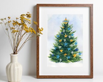 Watercolor Print, Christmas Tree Painting, Painting of a Christmas Tree Decorated with Blue and Gold Stars