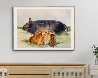 Pig Art Print, Watercolor Painting of a Black Sow Nursing her Brown Piglets, Farmhouse Decor