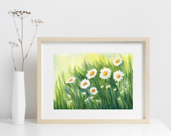Daisy Watercolor Art Print, Flower Wall Art, Painting of White Daisies in a Meadow