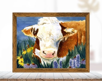 Cow Print, Watercolor Painting of a Brown & White Cow, Farmhouse Wall Art, Cow Wall Decor, Hereford Cow Art