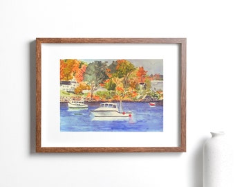 Ocean Art Print, Watercolor Painting of Connecticut, Nautical Wall Art, Seascape Painting, Boat Art