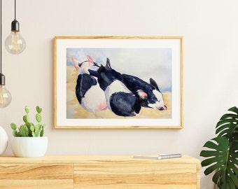 Pig Art Print, Farmhouse Decor, Watercolor Painting of Three Black and White Piglets Taking a Nap