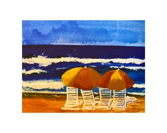 Relaxing Beach Print: Ocean Landscape Watercolor, Wall Art Print