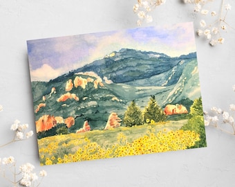 Floral Greeting Card, 5x7 Personalized Card, Watercolor Painting of a Sunflower Filled Meadow in the Mountains of Colorado.