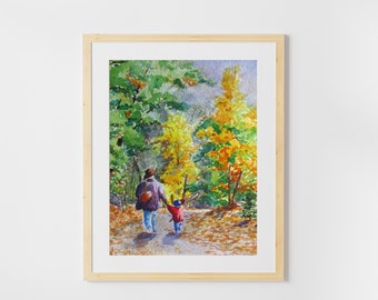 Watercolor painting of a father and child going fishing, wall art print, watercolor print