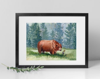 Bear Watercolor Print, Animal Wall Art Decor, Cute Painting