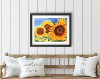 Sunflower Watercolor Painting, Art Print from Original Painting, Flower Wall Art