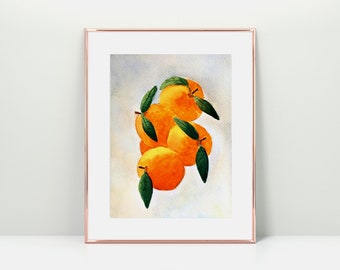 Art Print, Oranges Watercolor Painting, Fruit Wall Decor, Citrus Watercolor Print