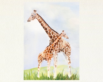 Giraffe Art Print, Watercolor Painting of Giraffes, Nature Wall Art