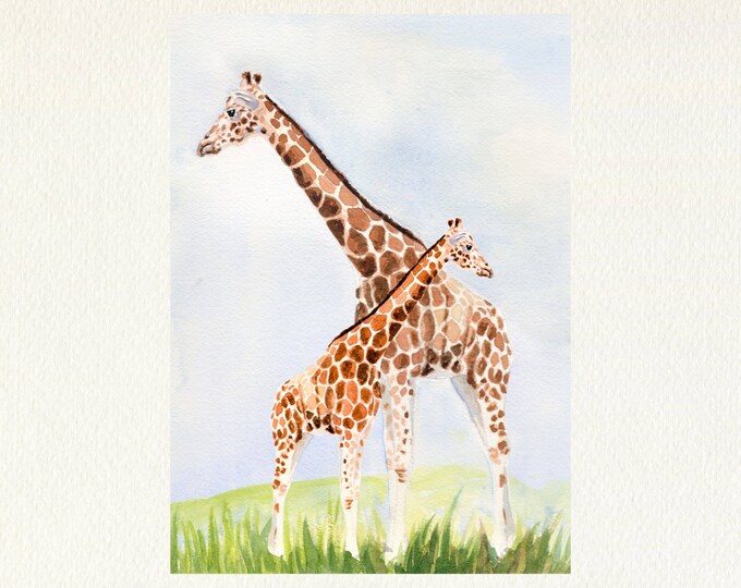 Giraffe Art Print, Watercolor Painting of Giraffes, Nature Wall Art