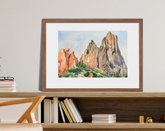 Art Print from Watercolor Painting of Cathedral Rock in Garden of the Gods Park, Mountain, Wall Art, Painting