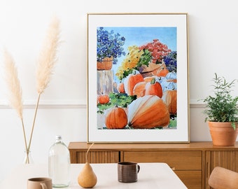 Pumpkins and Mums Watercolor Print, Fall Wall Art