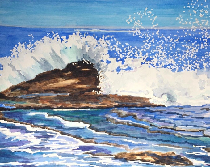 Beach Art Print from an Original Painting of a Wave Crashing Against a Large Rock Formation on the Coast of Costa Rica, Landscape Watercolor