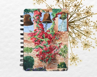 Floral Journal, Laminated, Soft Cover 5x7 Writing Journal, Keepsake Journal, Painting of Mission San Juan Capistrano
