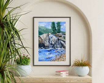 Colorado Watercolor Print, Mountain Art, Painting of Helen Hunt Falls in Colorado Springs, Colorado.