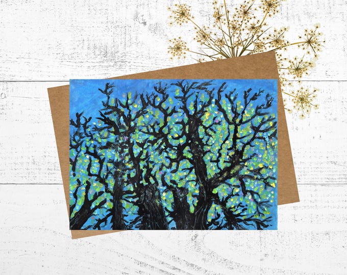 Halloween Card, 5x7 Blank Greeting Card, Painting of Dark Trees on Blue Background