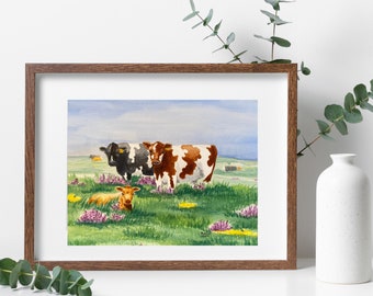 Art Print, Holstein Cow Watercolor Print, Farm Animal Art Print, Cow Wall Decor