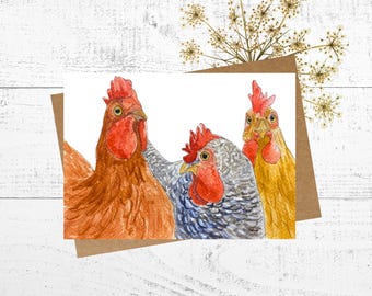 Chicken Greeting Card: Watercolor Painting of Three Hens