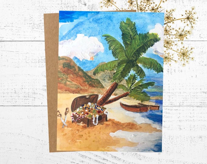Handmade Card Perfect for Birthdays, Weddings, Invitations or Friendship, Painting of a Pirate Treasure Chest on a Tropical Beach
