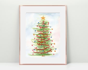 Christmas Tree Art Print, Cheerful Watercolor Painting for Home Decor