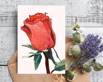 Rose Card, Watercolor Card with Floral Artwork, 5x7 Personalized Greeting Card, Valentine's Day, Anniversary Card