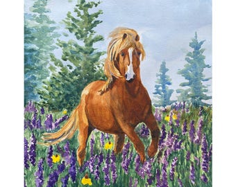 May include: A watercolor painting of a brown horse with a white blaze on its face, standing in a field of purple lupine flowers and yellow wildflowers, with green pine trees in the background under a soft, light blue sky.