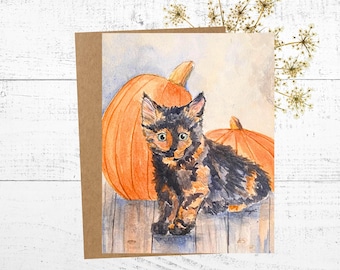 Tortoiseshell Kitten Greeting Card, Watercolor Art Notecard for Halloween, Birthdays and Thanksgiving