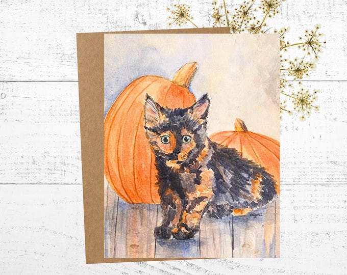 Tortoiseshell Kitten Greeting Card, Watercolor Art Notecard for Halloween, Birthdays and Thanksgiving