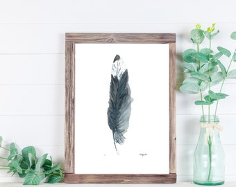 Gray Feather Print, Painting of a Seagull feather, Watercolor Wall Art