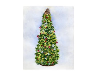 Christmas Tree Art, Watercolor Painting of a Tree Decorated and Topped with an Owl