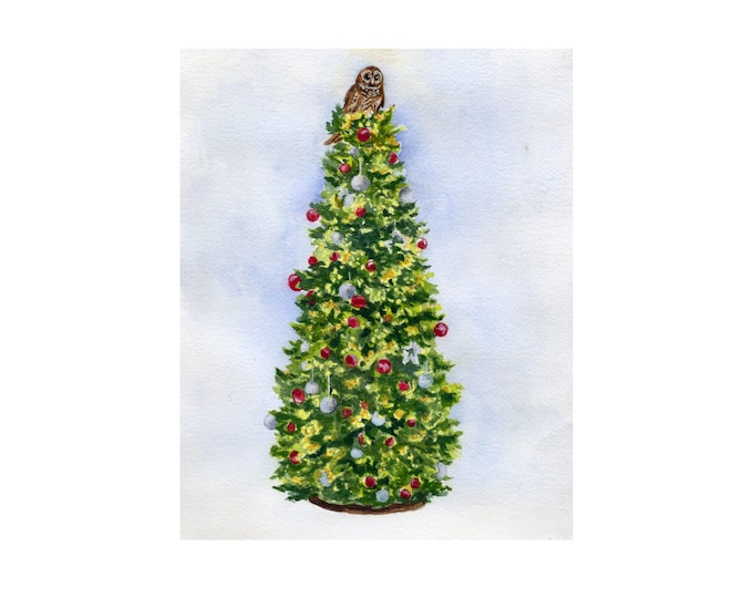 Christmas Tree Art, Watercolor Painting of a Tree Decorated and Topped with an Owl