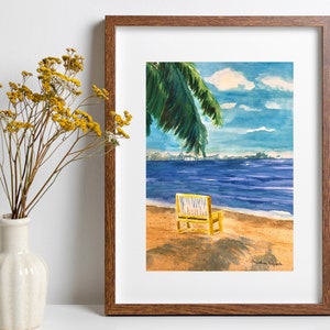 Yellow Bench & Palm Tree Art Print, Sunny Belize Scene, Beach Wall Art Print, Relaxing Coastal Decor, Yellow Bench, Palm Tree Print